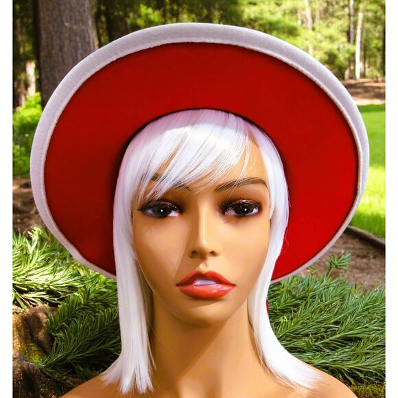 Fedora Hat White Outside Red Inside design with Red Ribbon and Brooch - Picture 3 of 6